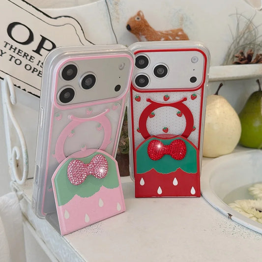 いちごモチーフ リボンビジュー付き クリア 折りたたみスタンド iPhoneケース #240122