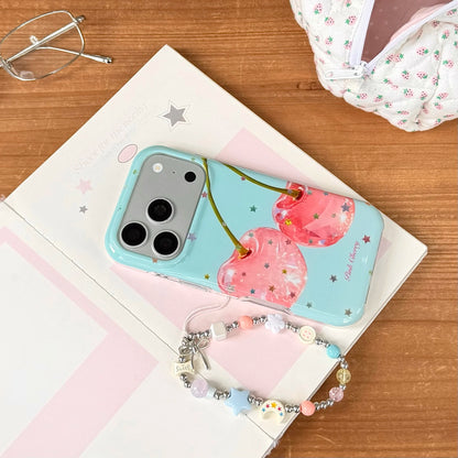 ピンクチェリー ミントブルー ビーズチャーム付き iPhoneケース｜レトロ・大人かわいい #260052