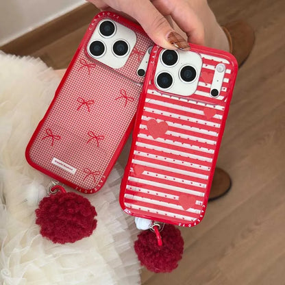 【レッドリボン・ハート】ポンポンチャーム付き スマホケース｜iPhone対応 #241020