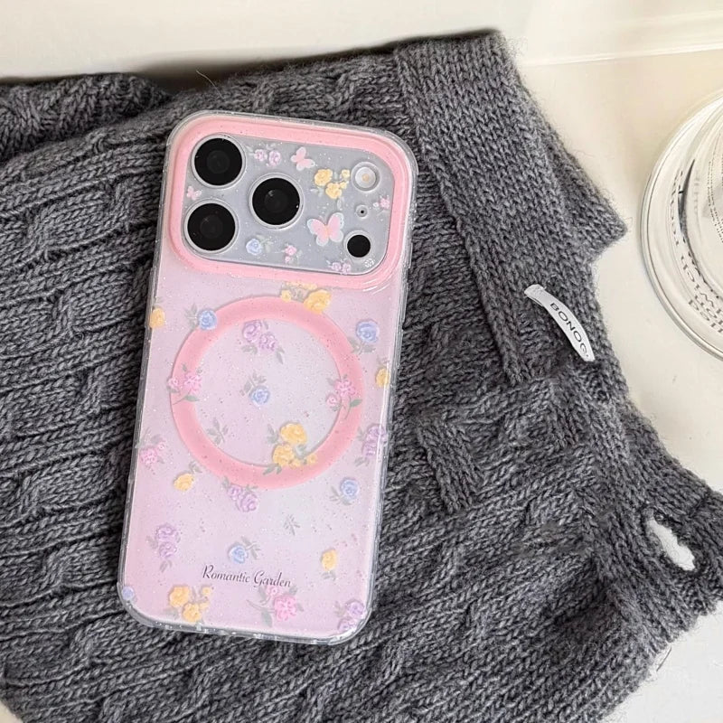パステルバタフライ Magnet内蔵 立体グリップ付き  iPhoneケース｜フェミニン・淡色デザイン #231117