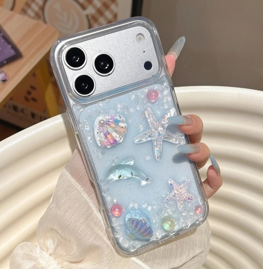3D 立体クリア貝殻 シェル ヒトデ イルカ デザイン 海モチーフ iPhoneケース #260087