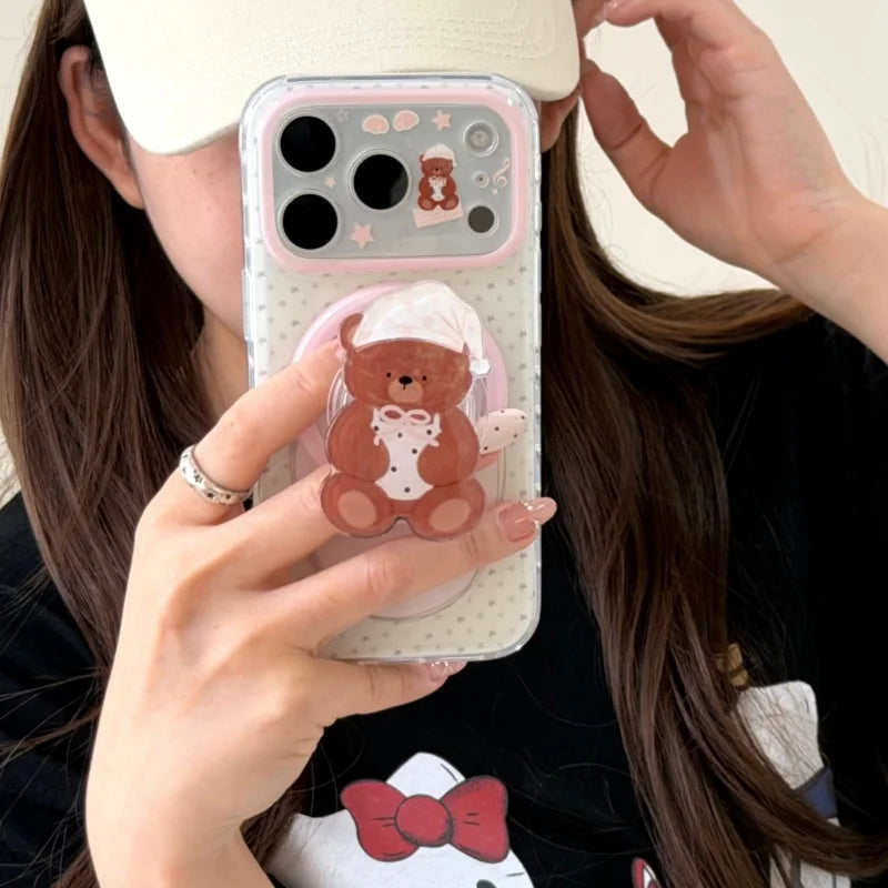 かわいいくまグリップ 星柄 クリア Magnet内蔵 iPhoneケース｜ドット柄 #260026