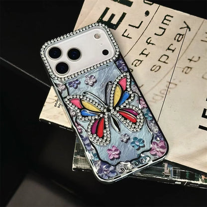 【バタフライシリーズ】立体蝶々×ストーン装飾 ステンドグラス風 クリアスマホケース｜iPhone対応 #251207