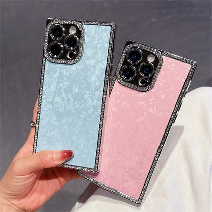 【スクエアシリーズ】大理石風 シェルパール キラキラビジュー スマホケース｜iPhone対応 #250817