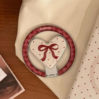 【マグネット式折りたたみハートスタンド付き】レッド プチドット柄 リボンハート スマホケース｜iPhone対応 #240701