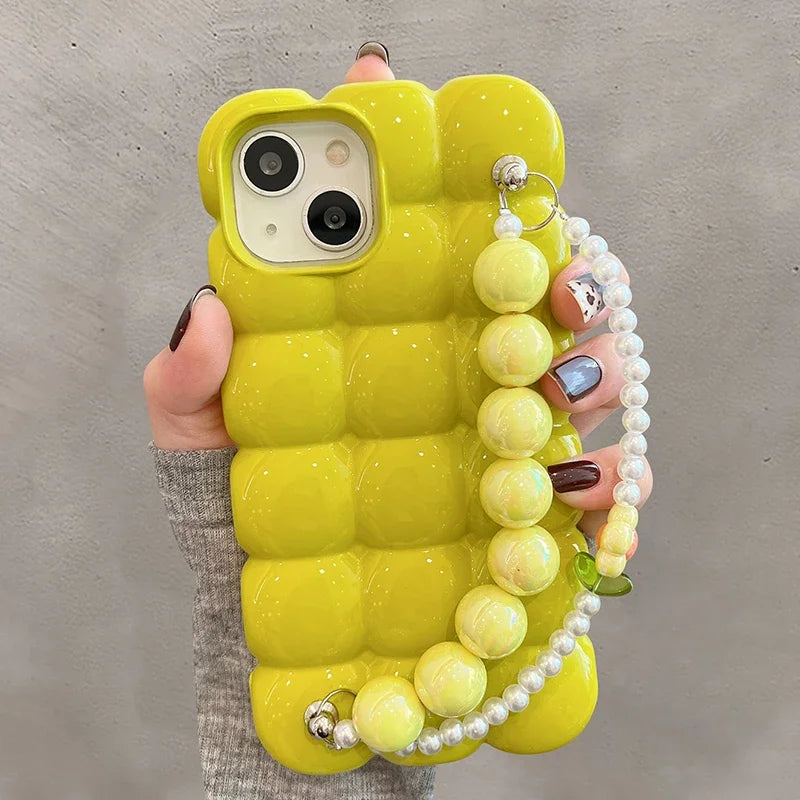 【ぽこぽこシリーズ】3D立体キューブデザイン ビーズストラップ付き スマホケース｜iPhone対応 #251027