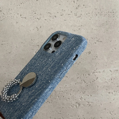 【デニムパール】ヴィンテージ デニム調 パール ビーズリング スタンド スマホケース｜iPhone対応 #250420