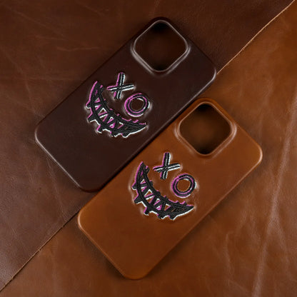 【本革シリーズ】艶あり スムースレザー スマイル ステッチケース｜iPhone対応 #240831