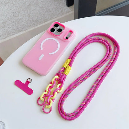 カラーチェーン付き ポップデザイン Magnet内蔵 パステルカラー iPhoneケース｜肩掛け・ハンズフリー #231204