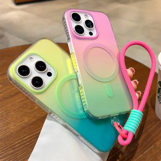 グラデーションネオン バイカラー Magnet内蔵 ストラップ付き iPhone対応ケース #260527