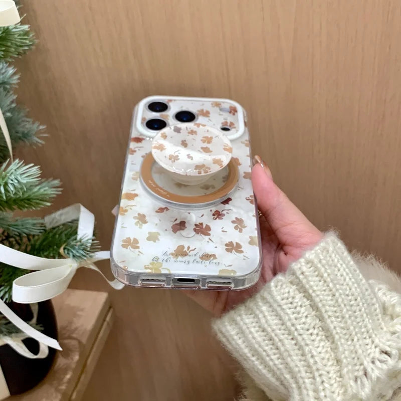 ブラウンリーフ Magnet内蔵 iPhoneケース｜落ち葉柄・マグネットリング付き #240430