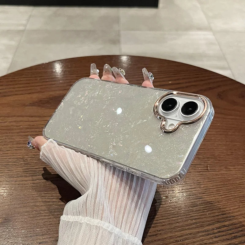 【大理石風】上品パール調 ホワイトシェル クリア iPhoneケース 高級感 キラキラ おしゃれ 耐衝撃｜iPhone対応 #250405