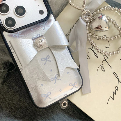 【シルバー立体リボン】ボールストラップ付き フェミニン スマホケース｜iPhone対応 #260206