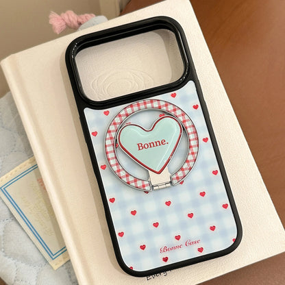 【マグネット式折りたたみハートスタンド付き】ブルーギンガムチェック柄 ハートリング付きスマホケース｜iPhone対応 #240703
