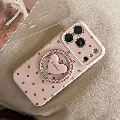 【マグネット式折りたたみハートスタンド付き】リボン × プチフラワー 小花 ハートスタンドスマホケース｜iPhone対応 #240628