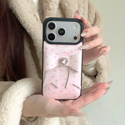 【立体リボン】ハートビジュー フラワー ソフトレザー調 小花柄 iPhoneケース #260208