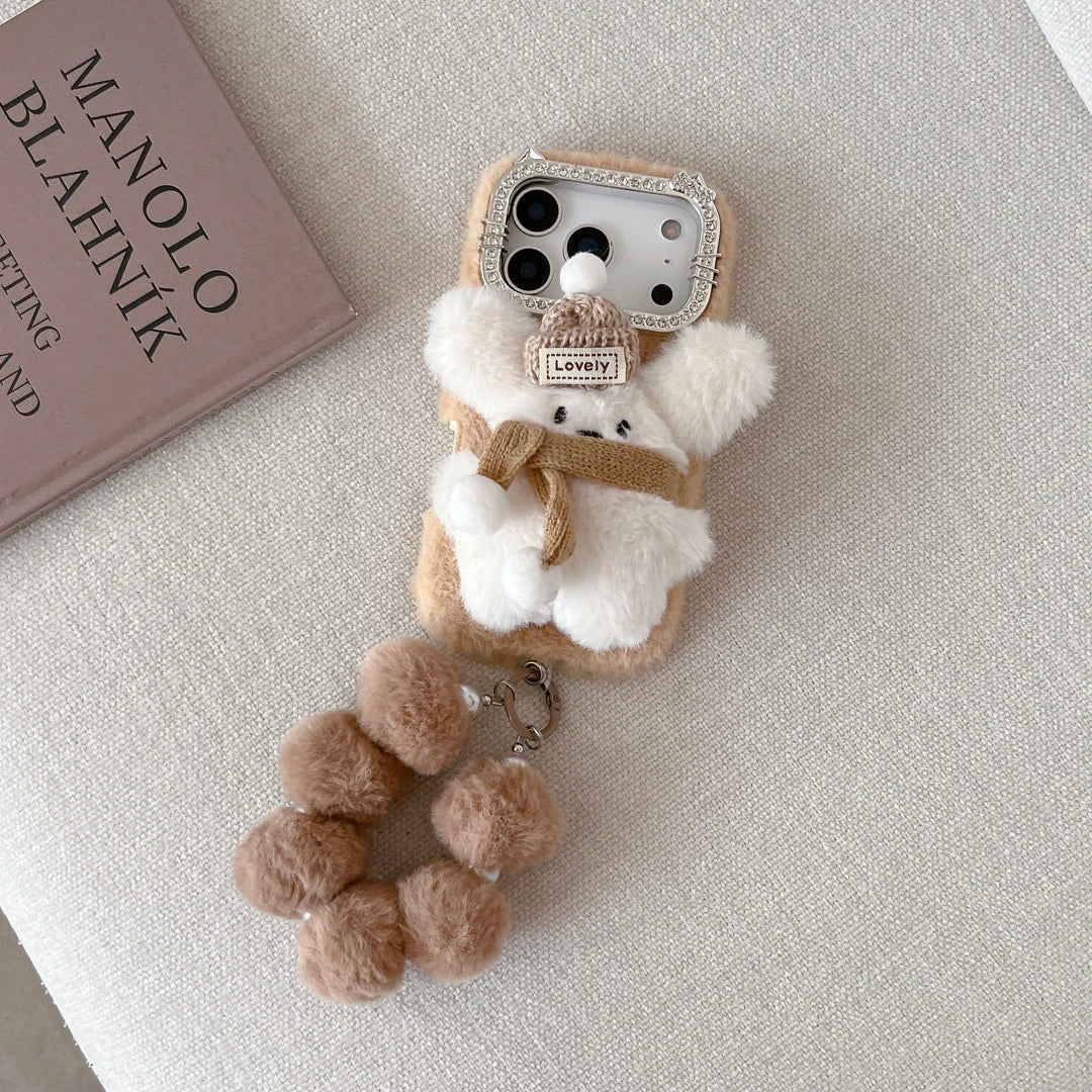 【ふわもこアニマルシリーズ】リボンベア スマホケース｜もこもこ素材 × ポンポンストラップ付き｜iPhone対応 #241205