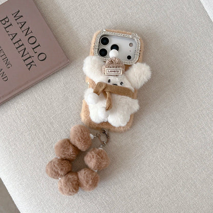 【ふわもこアニマルシリーズ】リボンベア スマホケース｜もこもこ素材 × ポンポンストラップ付き｜iPhone対応 #241205