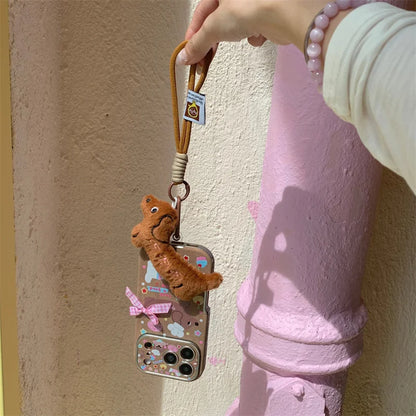 【スウィートダックス】チェックリボン×ドッグデザイン  ストラップ付き スマホケース｜iPhone対応 #241228