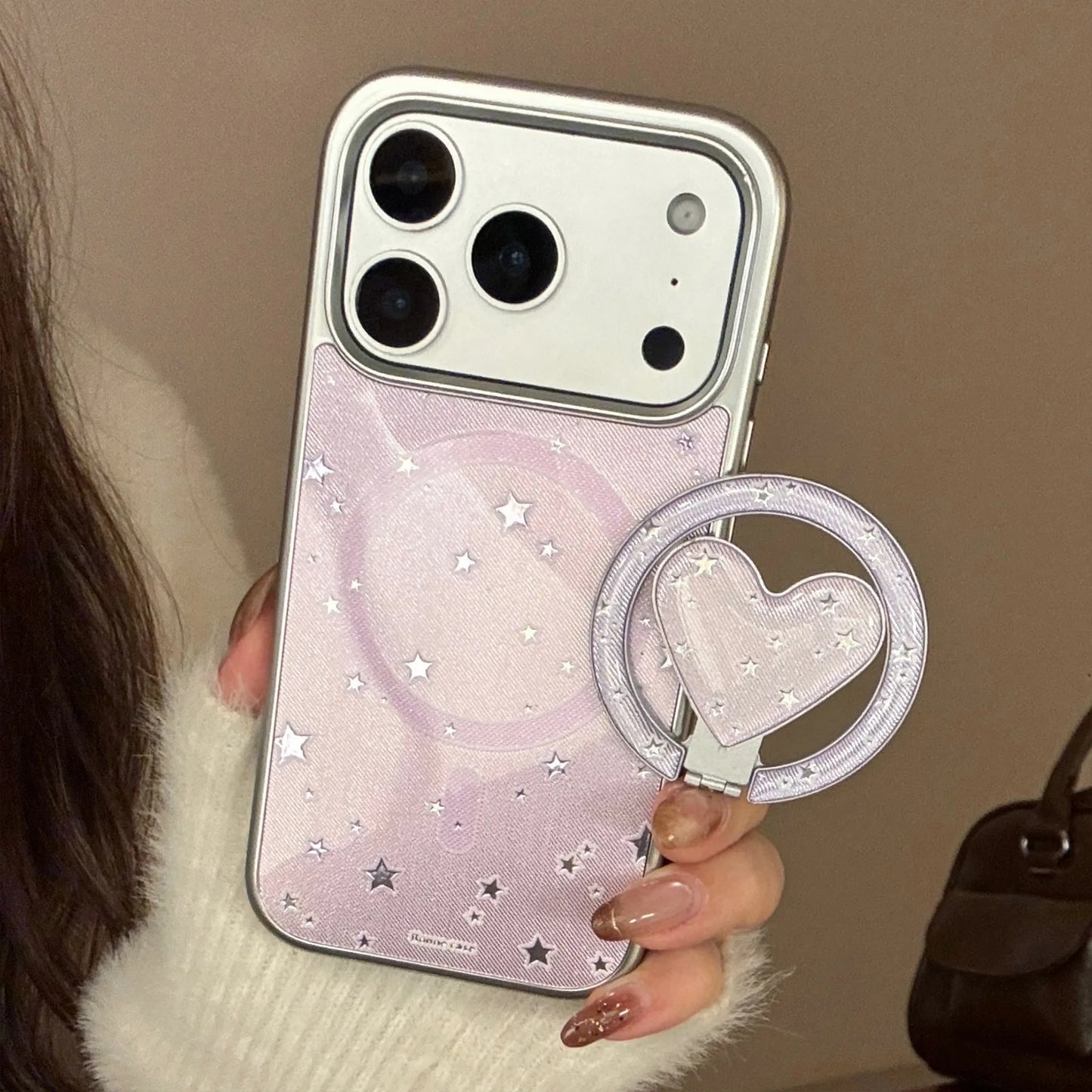 【マグネット式折りたたみハートスタンド付き】星柄 ラベンダー ハートリング付きスマホケース｜iPhone対応 #240705