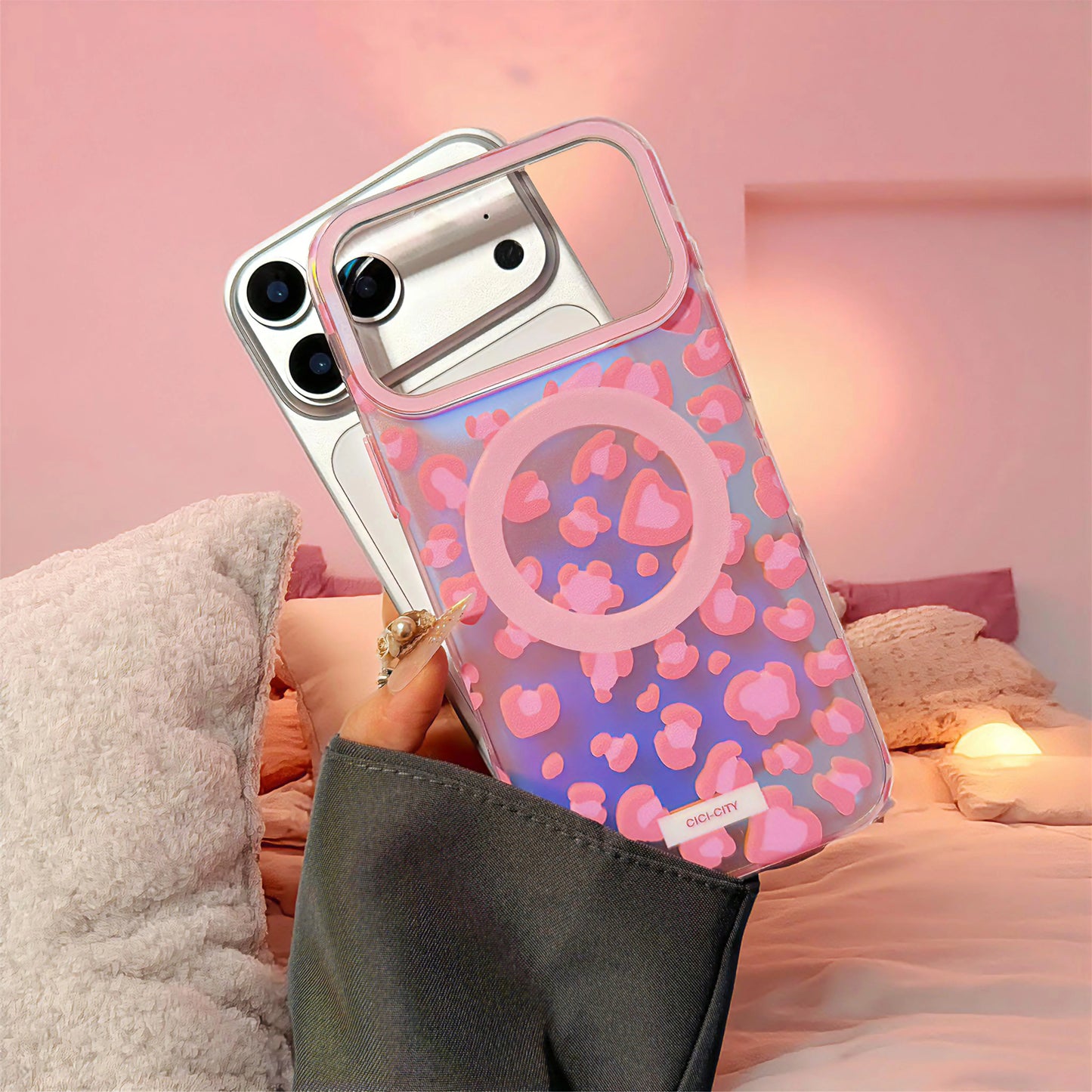 【Magnet内蔵】クリア×グラデーション レオパード ボーダー クリアケース｜iPhone対応 #241121