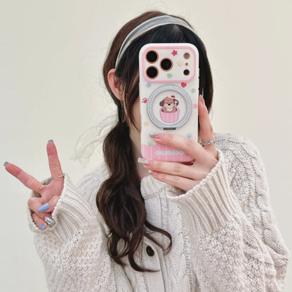 カラフルドット 水玉 ミニチュアダックス 360度回転 リングスタンド付き iPhoneケース #231209