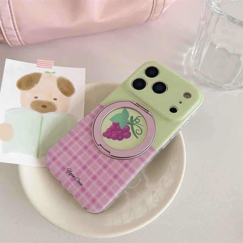 フルーツモチーフ チェック柄 グリップ付き iPhoneケース｜ポップ・ガーリー #260100