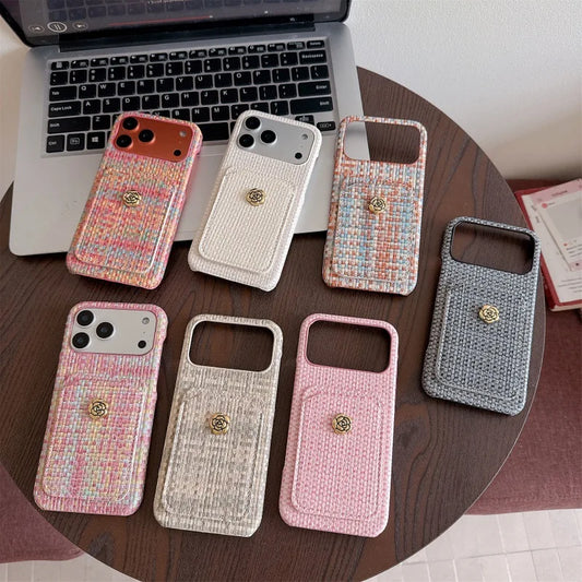 ツイード調 カメリアボタン カードポケット付き iPhoneケース｜上品エレガント・高見え #260012