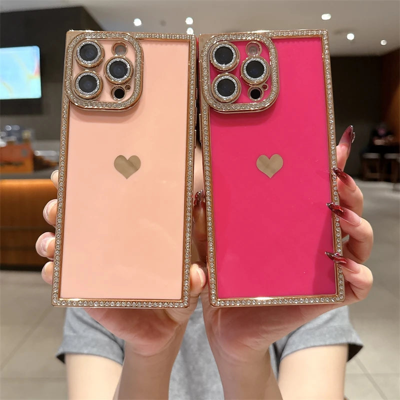 【スクエアシリーズ】キラキラビジュー ワンポイントハート スマホケース｜iPhone対応 #250816