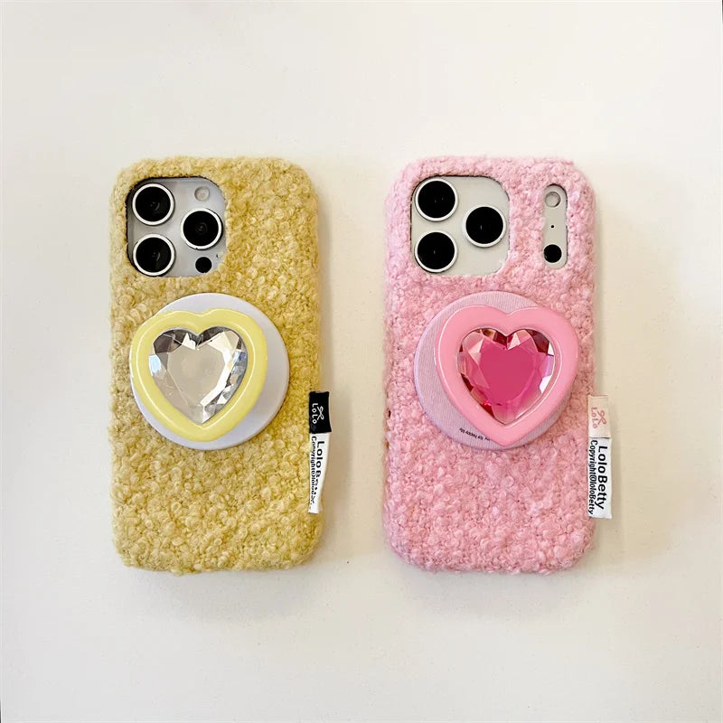 【Magsafe対応】立体ハートジュエルポップソケット × もこもこファー スマホケース｜iPhone対応 #241214
