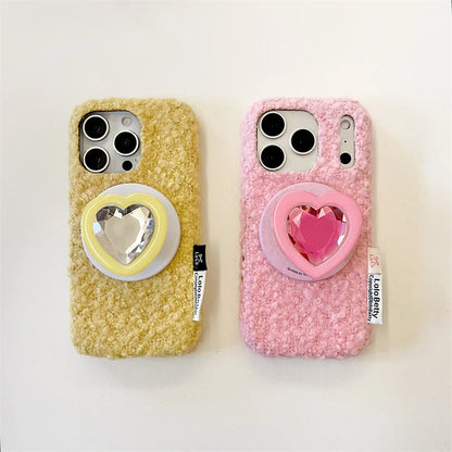 【Magnet内蔵】立体ハートジュエルポップソケット × もこもこファー スマホケース｜iPhone対応 #241214