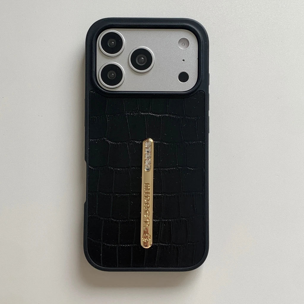 レザー調  キラキラスタンドグリップ付き iPhoneケース｜高級感デザイン #231224