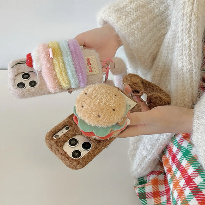 【スイーツモチーフシリーズ】レインボーケーキ ＆ ハンバーガー スマホケース｜ふわもこ立体デザイン × ハンドストラップ付き｜iPhone対応 #241201