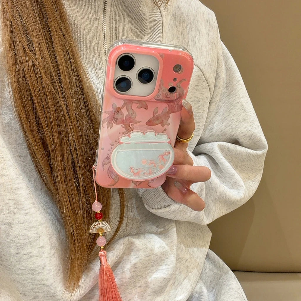 開運 鯉模様 金魚鉢 グリップ付き iPhoneケース｜クリアデザイン #240516
