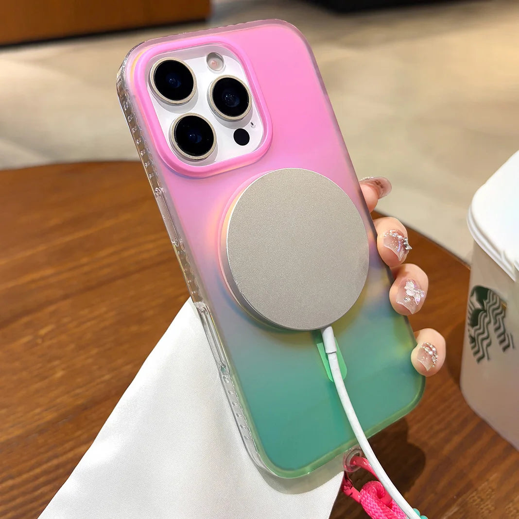 グラデーションネオン バイカラー Magnet内蔵 ストラップ付き iPhone対応ケース #260527