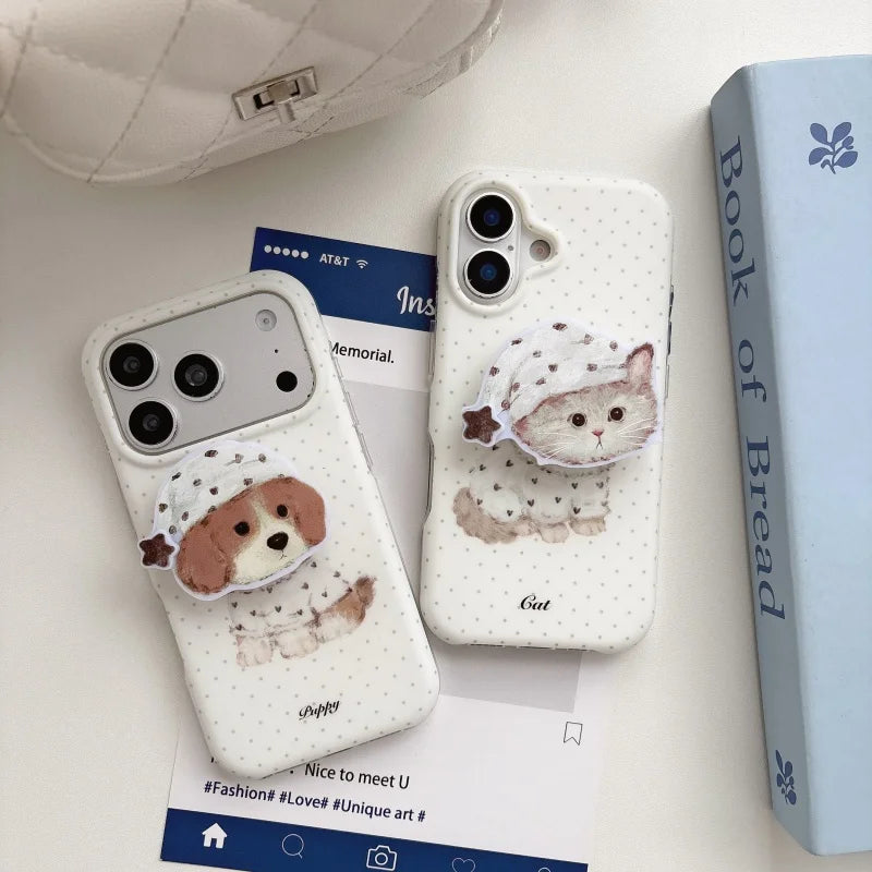 ふんわりネコちゃん ワンちゃん グリップ付き iPhoneケース｜Magnet内蔵 #230925