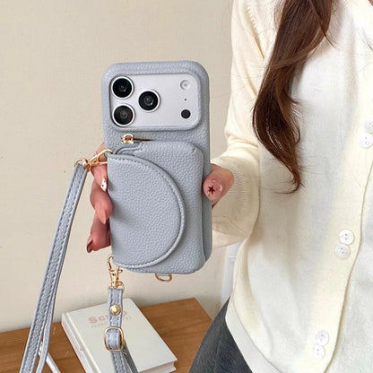 ミラー カード収納付き レザー調 iPhoneケース｜ショルダー対応 #231123