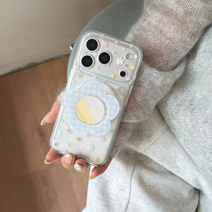 お花型ミラーグリップ デイジー柄 クリア Magnet内蔵 iPhoneケース｜淡色・大人かわいい #260025