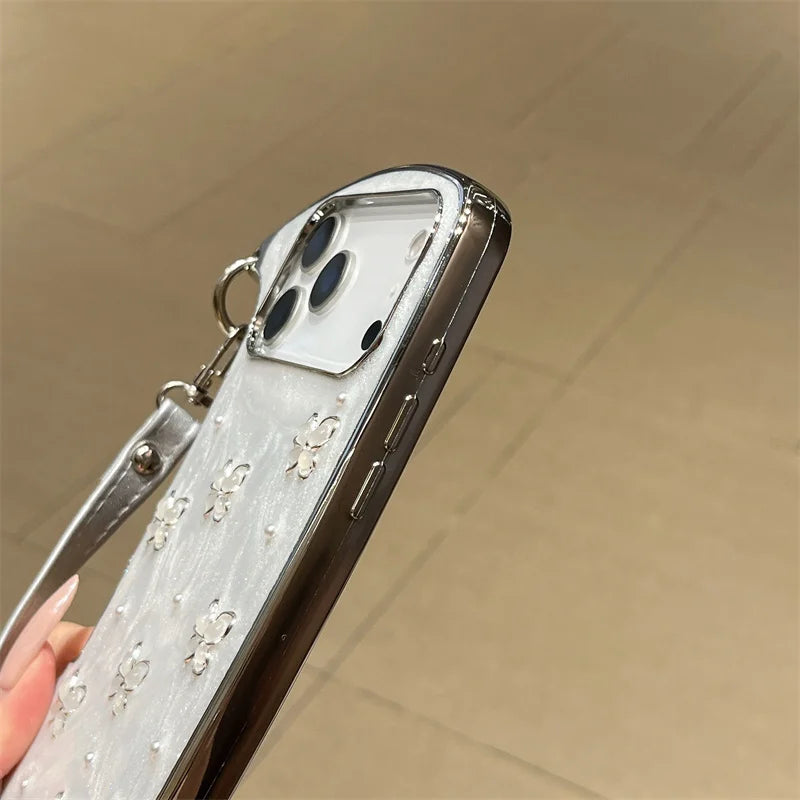 【ショルダーバッグ型 】ストラップ付き パールバタフライ スマホケース｜iPhone対応 #241001