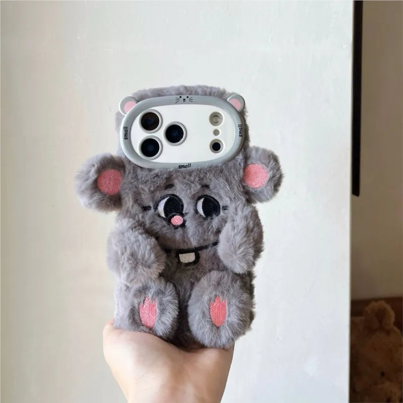 【アニマルフェイスシリーズ】グレーマウス スマホケース｜ふわもこ立体デザイン × キュートな耳付き｜iPhone対応 #241130