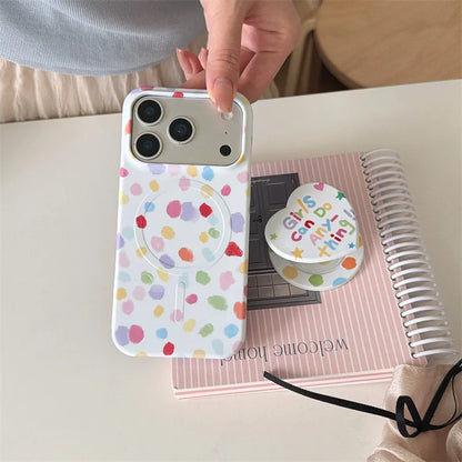 ガーリーポップ カラフルドット 水玉ペイント Magnet内蔵 iPhoneケース｜ハートグリップ付き #230708