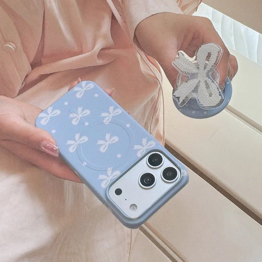 ブルーリボン グリップ クリア Magnet内蔵 iPhoneケース｜韓国風・ガーリーデザイン #231218