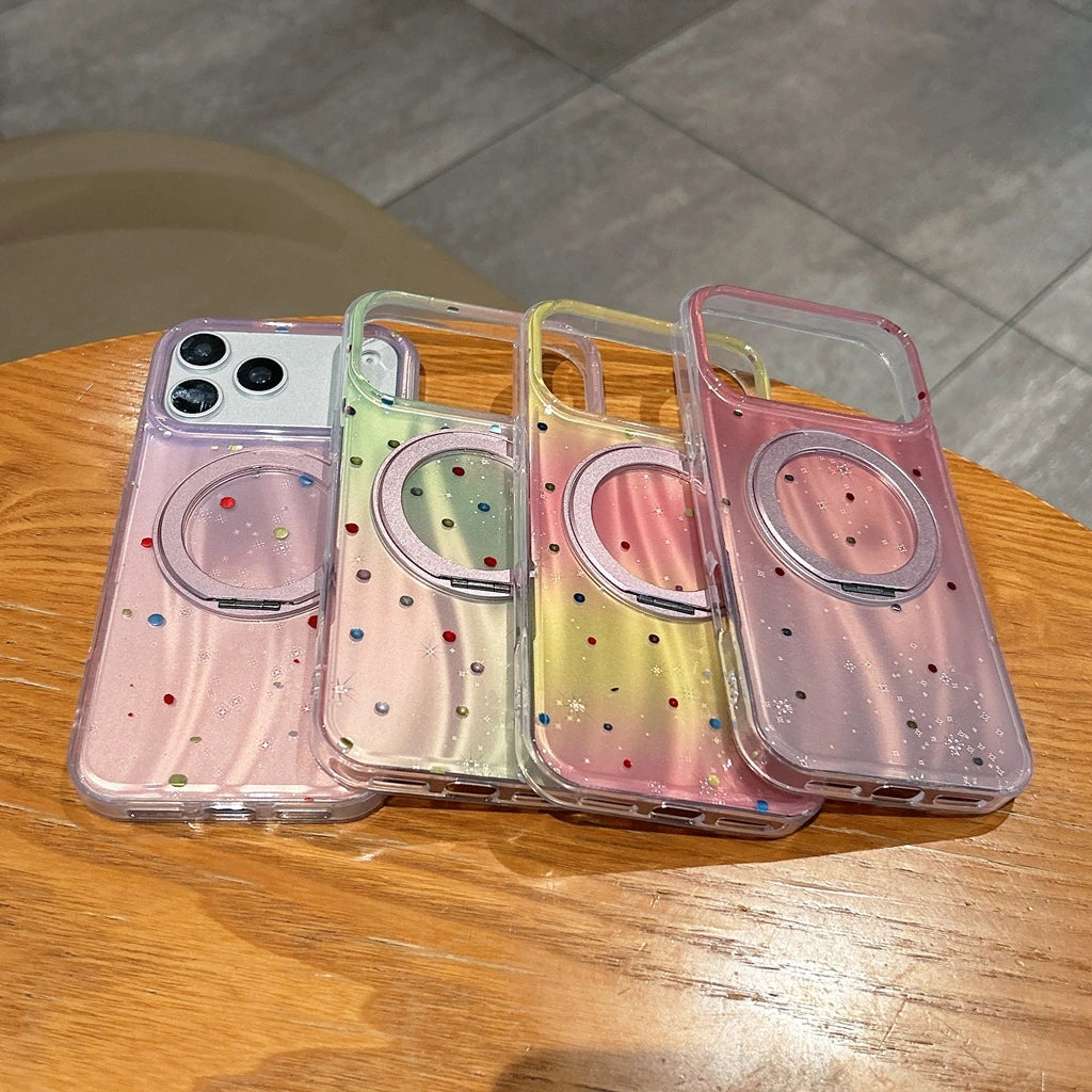 【ドット柄】オーロラグラデーション  iPhoneケース  折りたたみリングスタンド カラフルドット  回転リングホルダー 耐衝撃スマホケース #230901