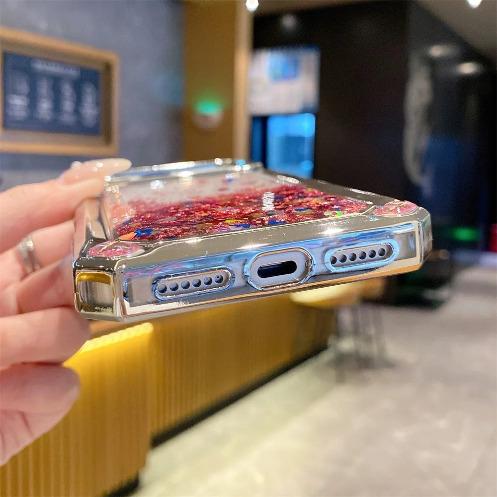 【流れるシリーズ】グリッタージュエル リキッド スパークル スマホケース｜キラキラハート入りデザイン｜iPhone対応 #241124
