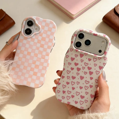 ハート総柄 格子チェック柄 iPhoneケース｜ウェーブフレーム #240310