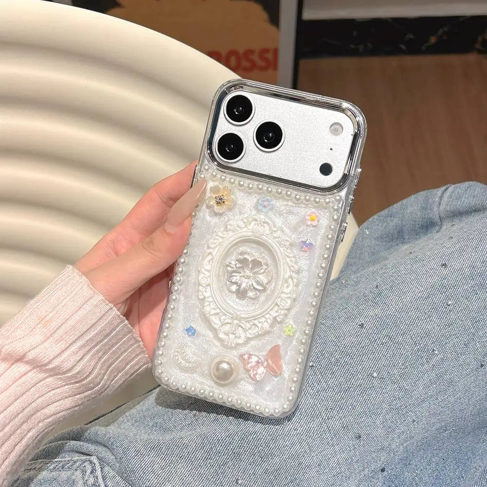 パールフレーム iPhoneケース｜ガーリー・立体フラワー・姫系デザイン #230802