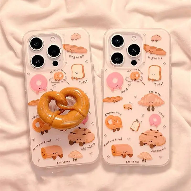 【ベーカリーモチーフ】食パン クロワッサン フランスパン イラスト プレッツェル 立体グリップ付き iPhoneケース #240608