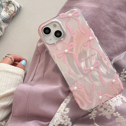 【パールピンクリボン】リボン×パールアクセント スマホケース｜iPhone対応 #250607