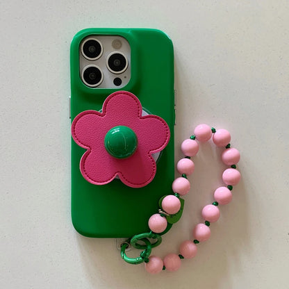 【フラワーシリーズ】立体レトロフラワー ビーズストラップ付き バイカラー スマホケース｜iPhone対応 #251001