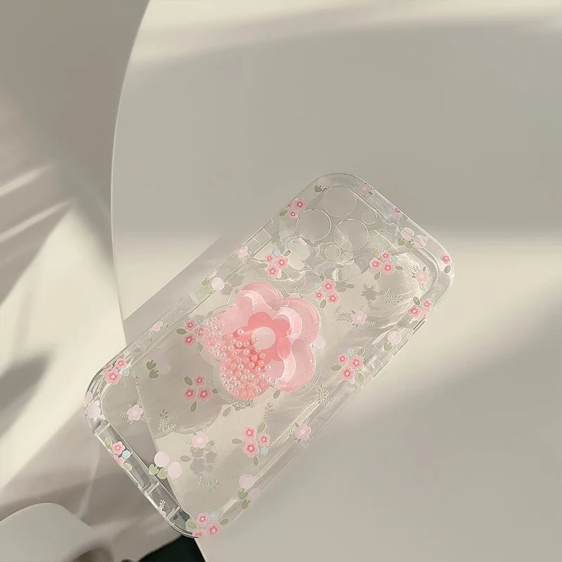 【クリアフラワーグリップ】立体フラワー付き 透明スマホケース｜iPhone対応